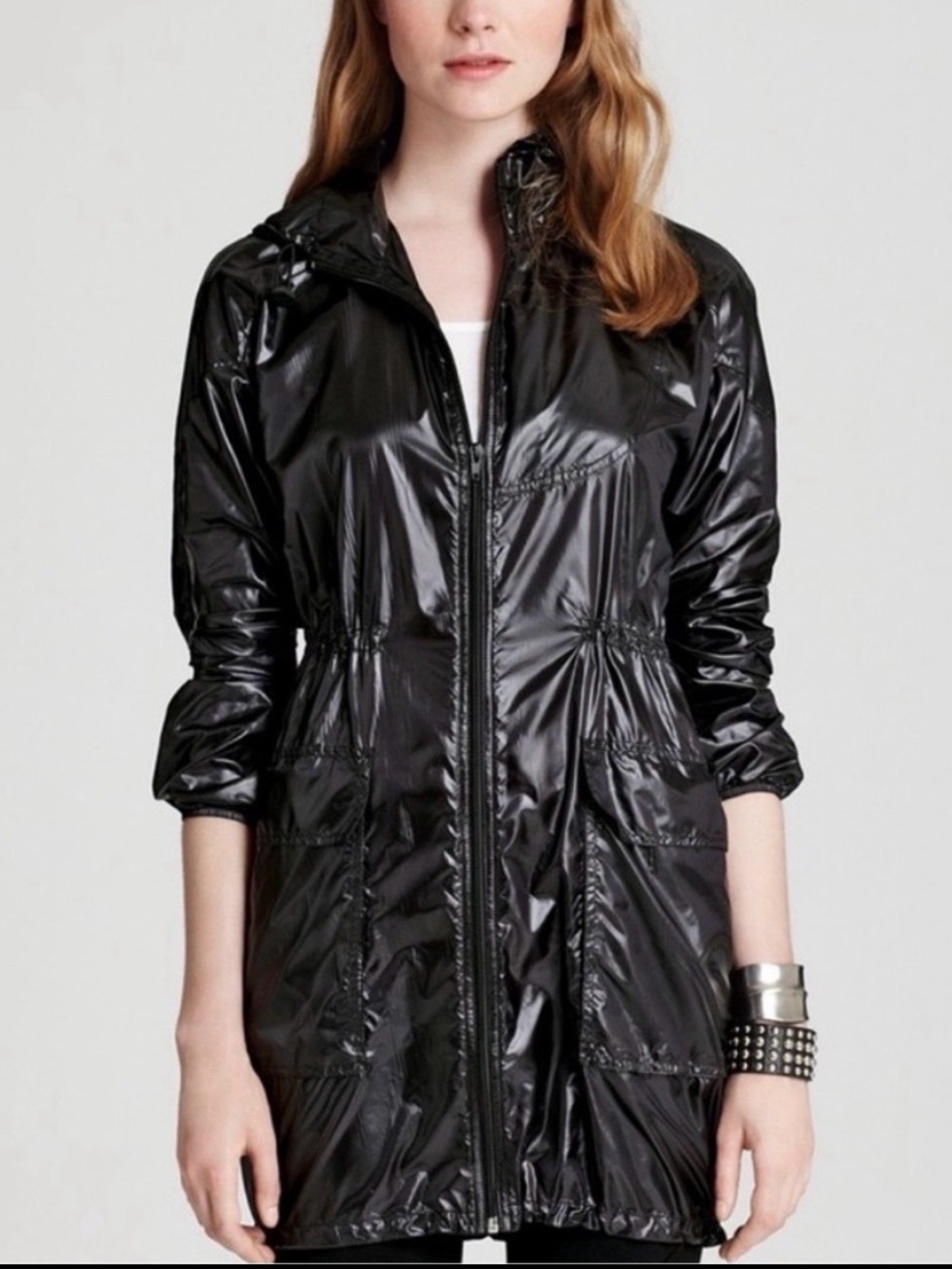 Theory Glossy Black Packable Jacket Womens Size M Vitoni Weatherly Hooded Anorak